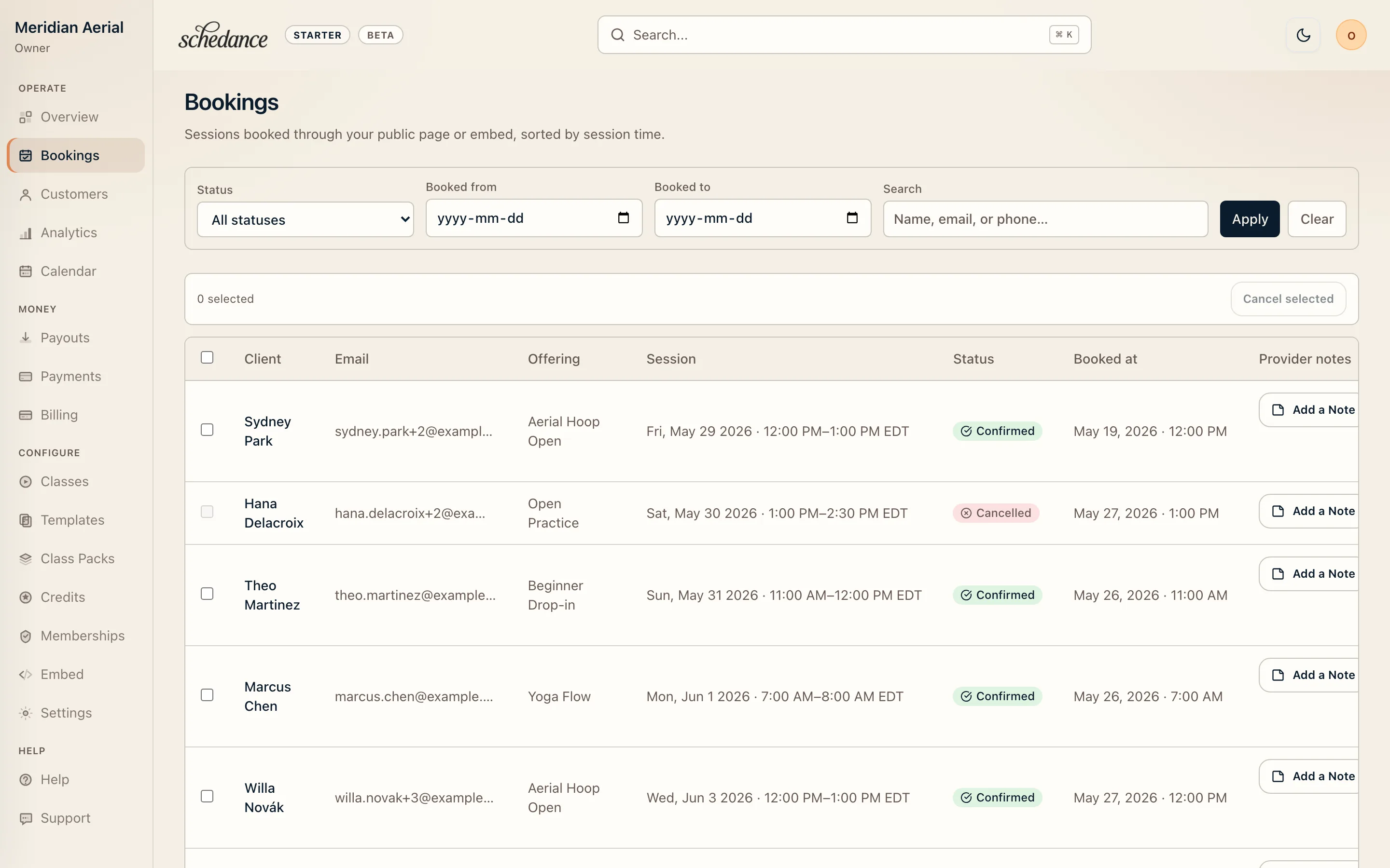 Schedance bookings table: confirmed sessions with client details and rescheduling controls