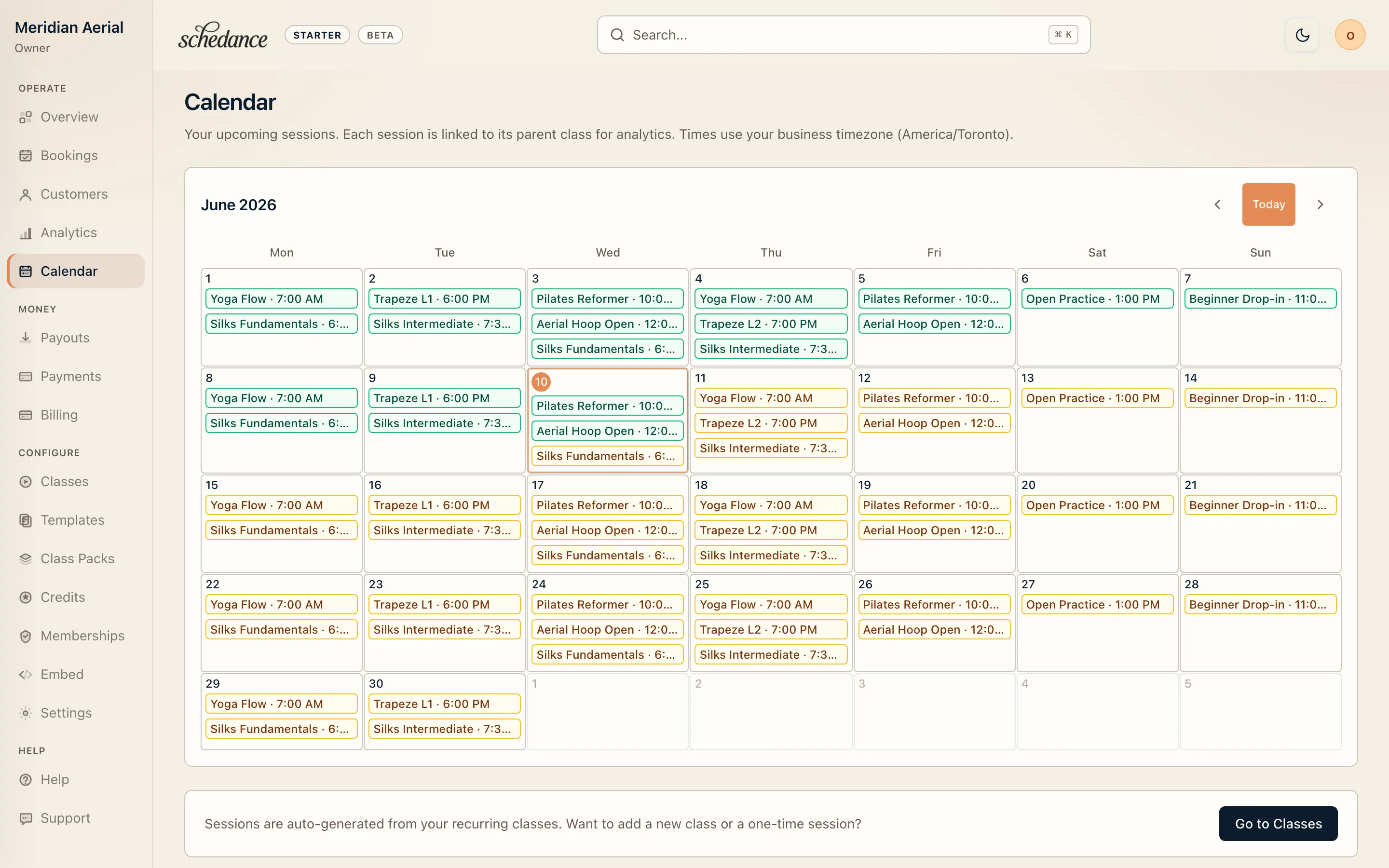 Schedance calendar view: month-at-a-glance of classes across every teacher