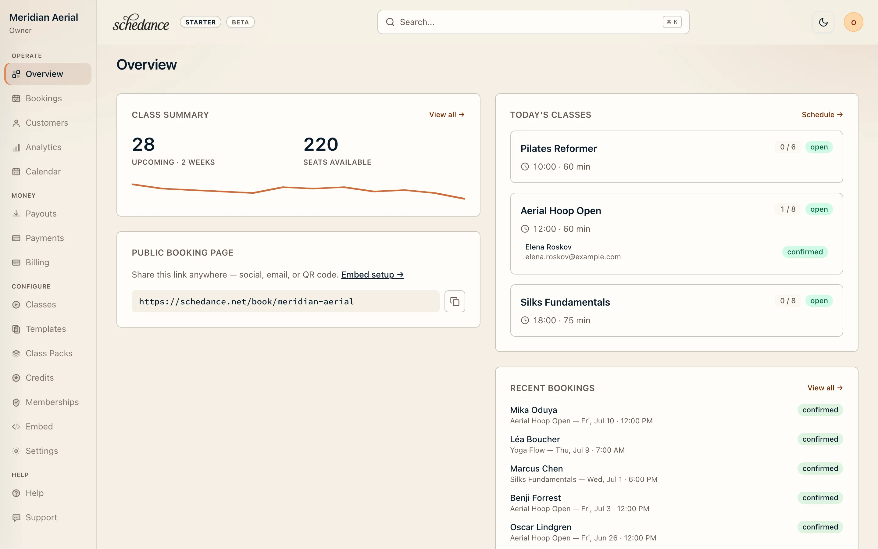 Schedance provider dashboard overview: class summary, today's classes, and recent bookings